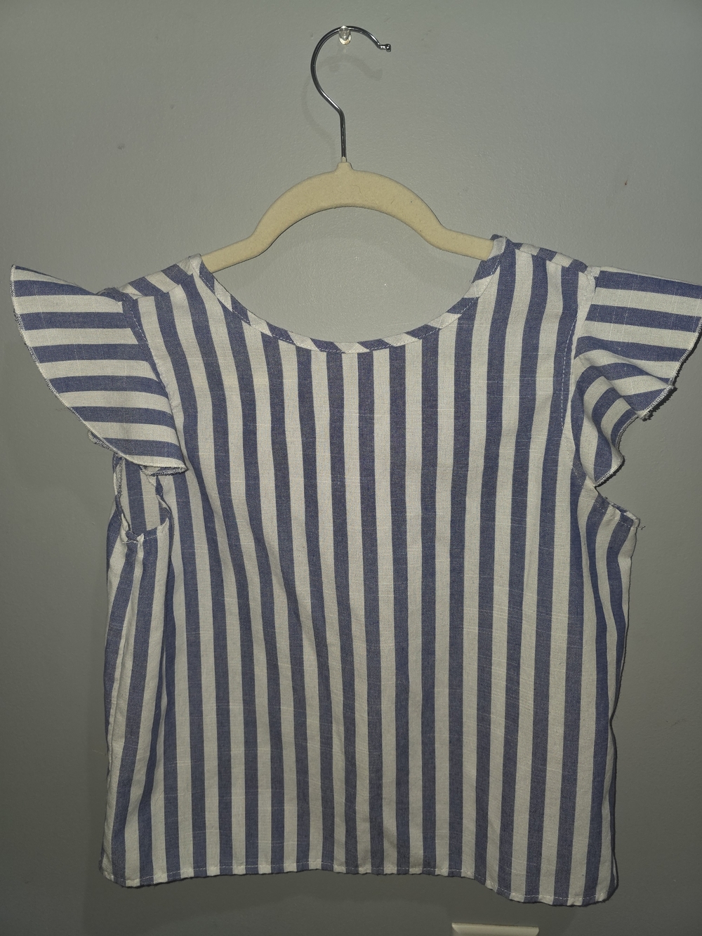 Girls Blue and White Vertical Stripe Flutter Sleeve Top-12